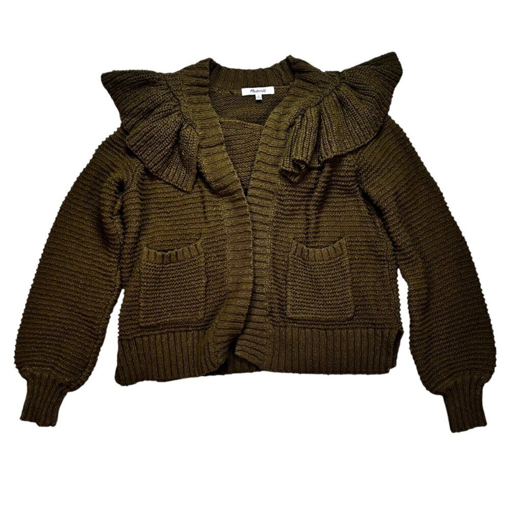 Madewell XS Ruffle Cardigan Sweater Olive Knit Preppy Girly Fem Academia
